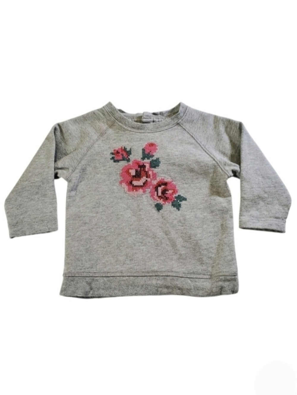 K1172 * Baby Boden Girls Floral Cross-Stitch Sweatshirt Gray Pink Size 6/12M